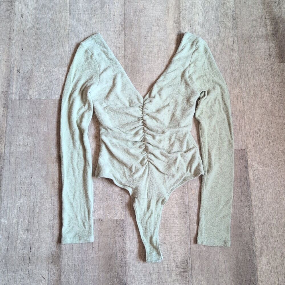 Miss Lola Body Suit Womens M Green Long Sleeve V-Neck Open Back